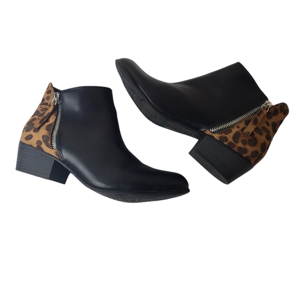 Esprit Shoes - Espirit Tonya Black Leather Leopard Print Color Block Ankle Booties